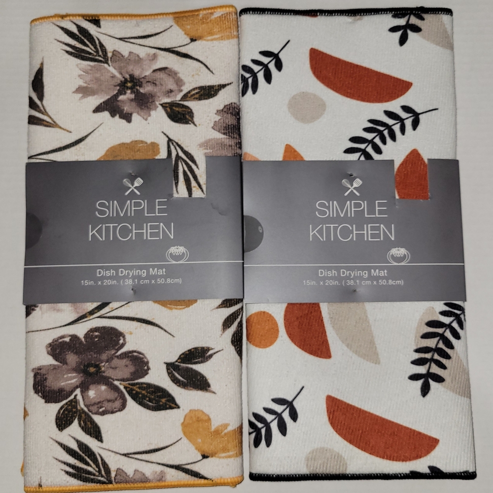 Floral and Geometric Dish Drying Mats - Black, Brown, Orange